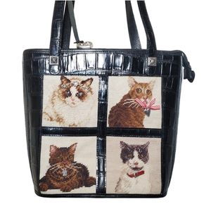 Brighton Fantasy Feline Black Shoulder Bag Tapestry Needlepoint Cats